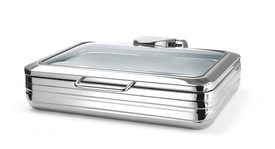 Fine Dine De Luxe chafing dish with glass cover and induction heater, GN 1/1 size for catering and food presentation.
