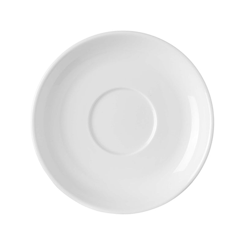 Load image into Gallery viewer, Stackable Pure Bianco cappuccino cup saucer by Fine Dine, 150mm diameter, with smooth white ceramic finish.
