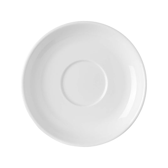 Stackable Pure Bianco cappuccino cup saucer by Fine Dine, 150mm diameter, with smooth white ceramic finish.