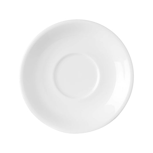 Elegant white ceramic saucer for cappuccino cup by Fine Dine, 150mm, with smooth finish and subtle design for sophisticated coffee service.