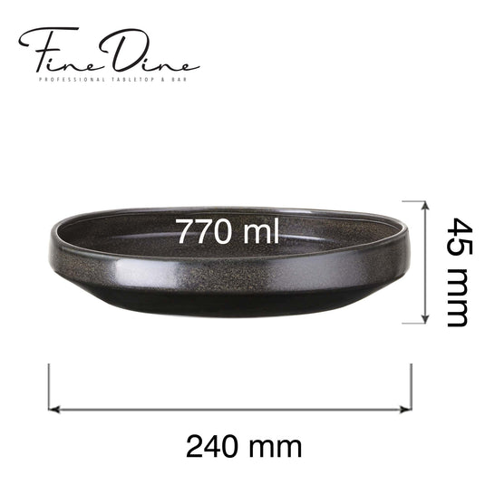 Fine Dine Onyx gourmet plate, 240mm, showcasing a sleek black ceramic surface with elegant edges for upscale dining.