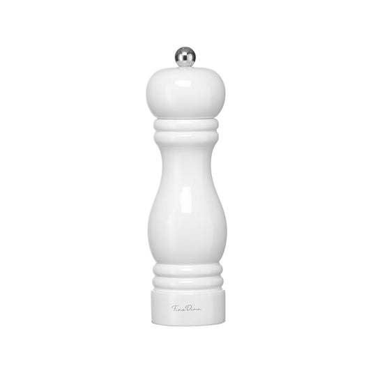 White Fine Dine Monolith salt mill with ceramic grinding mechanism, 180mm tall, showcasing its sleek design and grinding details.