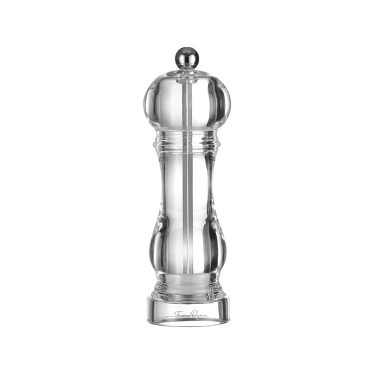 Claro acrylic pepper mill set by Fine Dine with transparent body and metal grinding mechanism, 150mm tall.