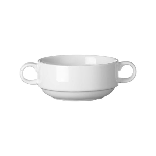 Fine Dine Pure Crema Consommé soup cup, 470ml, with clear, rich consommé visible in a sleek, white ceramic cup.