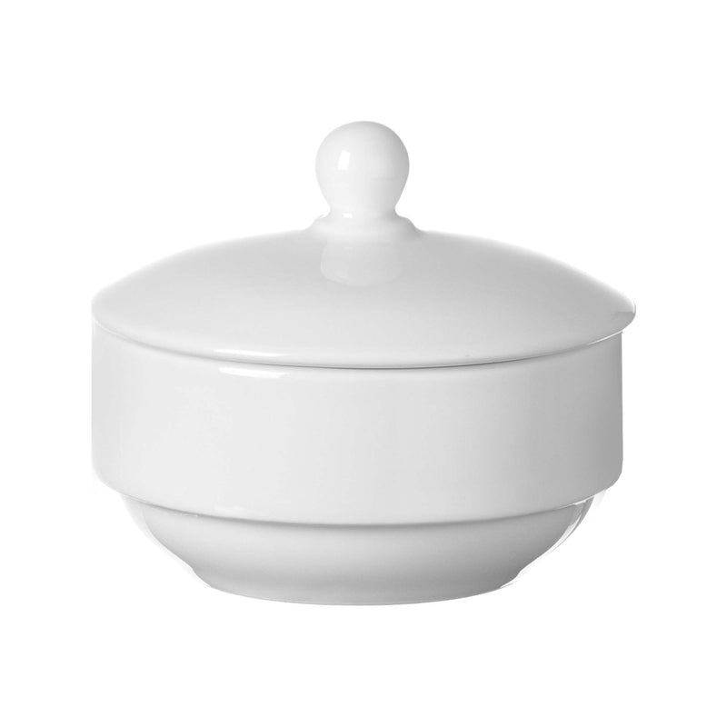 Load image into Gallery viewer, Fine Dine Pure Crema sugar bowl, 200ml, ceramic with a smooth white finish and a lid, ideal for sugar storage.
