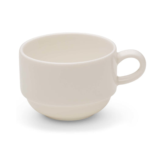 Fine Dine 230ml stackable coffee and tea cup, cream-colored ceramic with a smooth finish, designed for stacking and daily use.