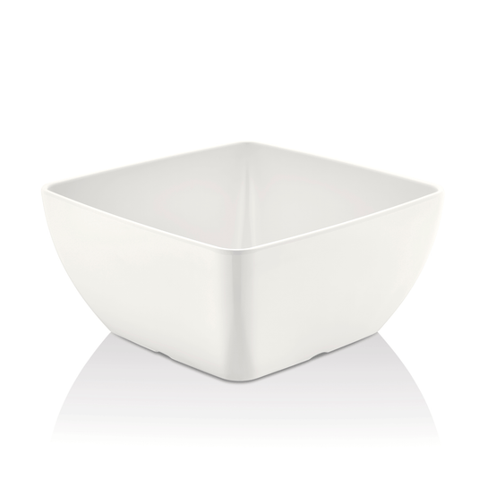 White melamine square bowl by Fine Dine, measuring 125x125x65mm, with a smooth surface and modern design.