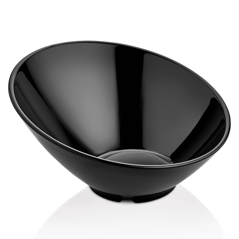 Load image into Gallery viewer, Black melamine slanted bowl by Fine Dine, measuring 262x138mm, with a sleek design and slanted edge for serving.
