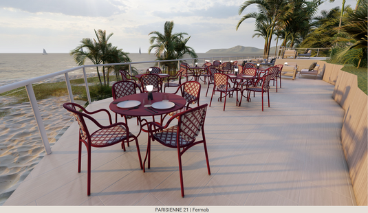 Red Fermob Parisienne 21 steel outdoor bistro chair with curved back and metal frame.