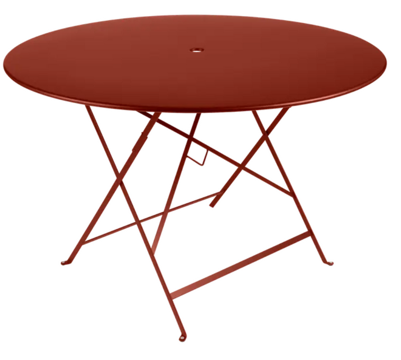 Load image into Gallery viewer, Red Fermob outdoor round bistro table with a 117cm diameter, six-seater metal dining table for outdoor use.
