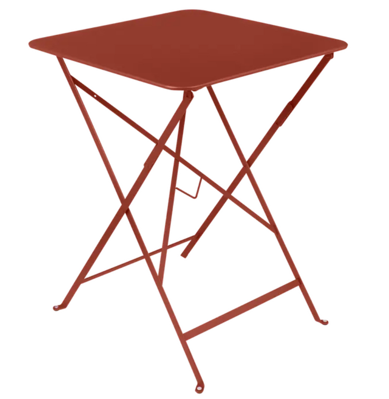 Load image into Gallery viewer, Red Fermob metal foldable bistro table, 57x57 inches, outdoor-friendly with a compact, foldable design perfect for small spaces.

