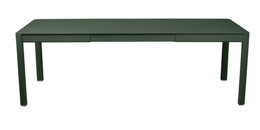 Fermob Ribambelle extendable metal table in cedar green, large 10-seater outdoor dining table with extendable aluminum design