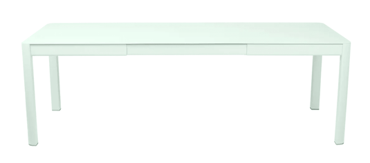 Fermob Ribambelle extendable large metal table in ice mint, outdoor 10-seater aluminum dining table, expanded for outdoor hospitality.