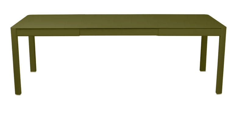 Load image into Gallery viewer, Fermob Ribambelle extendable metal table in pesto green, large 10-seater outdoor dining table with extendable aluminum surface.
