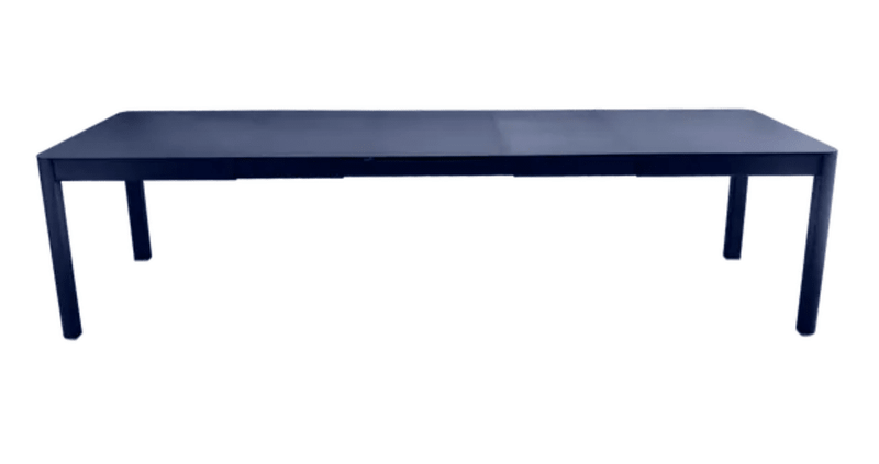 Load image into Gallery viewer, Deep blue Fermob Ribambelle XL extendable metal table, 14-seater, large hospitality dining table with extendable design.
