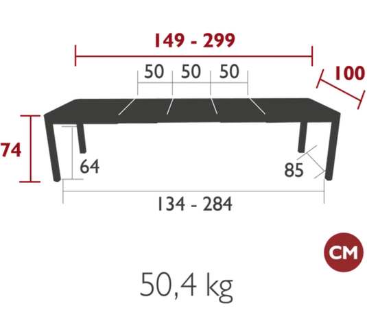 Large Fermob Ribambelle XL extendable metal table, 14-seater, showing its sleek design and extendable feature for hospitality use.