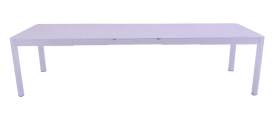 Fermob Ribambelle XL extendable metal dining table in marshmallow lilac purple, 14-seater, large hospitality furniture for gatherings