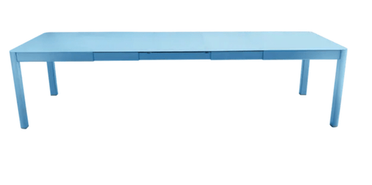 Maya Blue Fermob Ribambelle XL extendable metal table, large 14-seater hospitality table, suitable for events and gatherings.