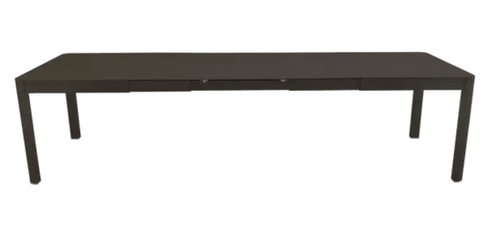 Fermob Ribambelle XL extendable metal table in Tonka Brown, large 14-seater expandible table for hospitality or events.