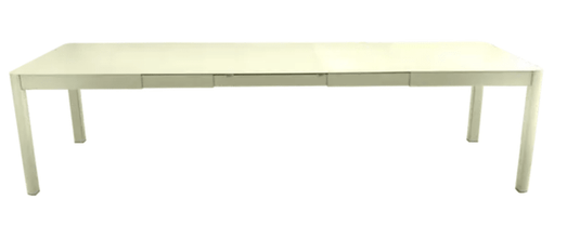 Fermob Ribambelle XL extendable metal table in Willow Green, large 14-seater hospitality table with extendable design.