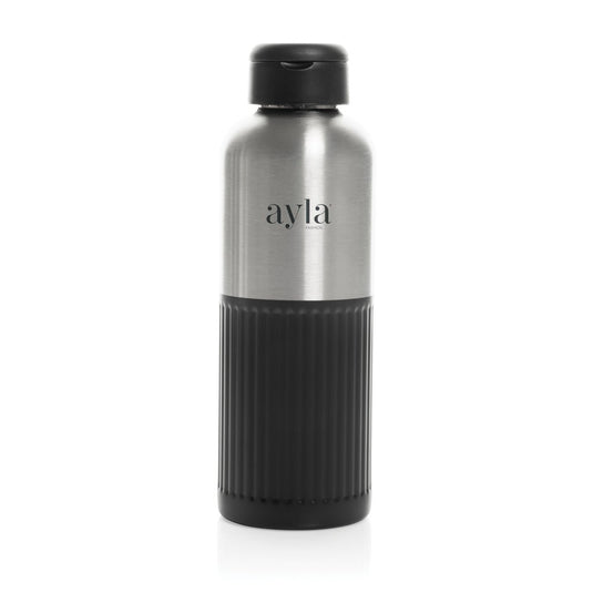 XD Xclusive Ripple RCS R-steel leakproof water bottle with handle, 750ML, recycled stainless steel with wood design.