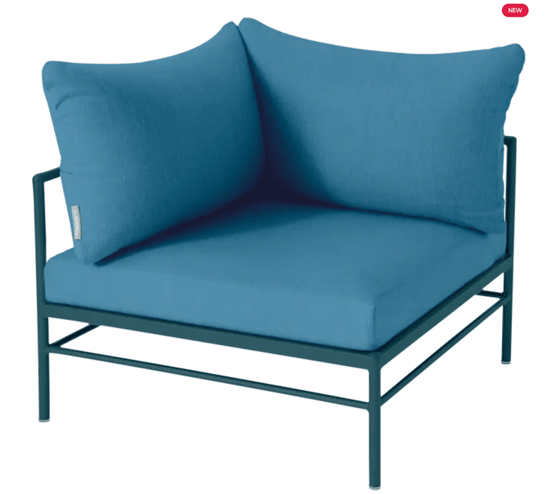 Load image into Gallery viewer, Rivage Corner Armchair - Custom Wood DesignsFermob Rivage corner outdoor armchair with metal frame and blue upholstery, designed for stylish outdoor seating.Corner Outdoor Sofa Fermob Metal24575205130263Acapulco Adriatic
