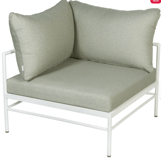 Rivage Corner Armchair - Custom Wood DesignsCotton Meadow Green Fermob Rivage Corner Armchair in a corner outdoor metal sofa setting with plush cushions.Corner Outdoor Sofa Fermob Metal24575208842679Cotton White Meadow Green