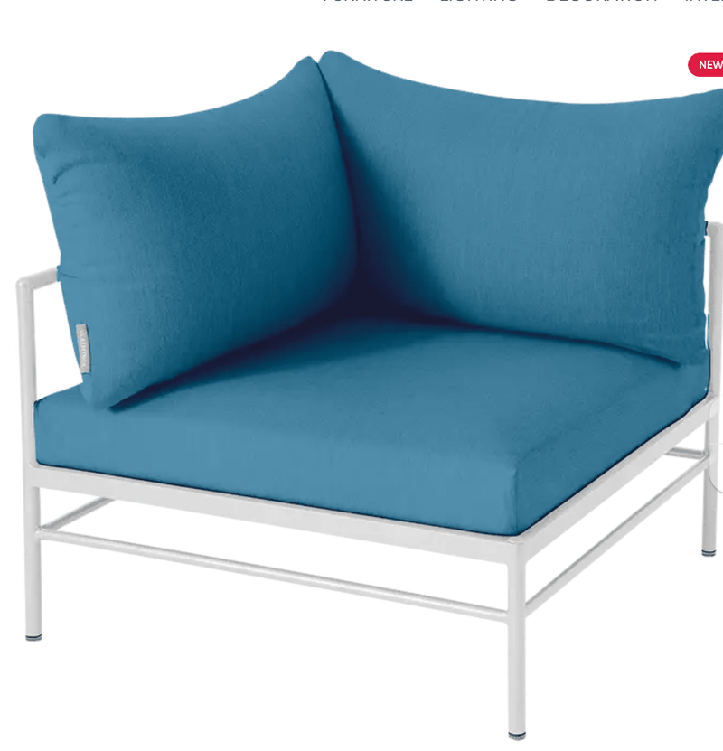 Load image into Gallery viewer, Rivage Corner Armchair - Custom Wood DesignsCotton white and Adriatic blue Rivage corner armchair by Fermob, outdoor metal corner sofa with plush cushions and modern design.Corner Outdoor Sofa Fermob Metal24575208709911Cotton White Adrriatic
