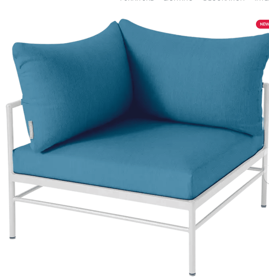 Rivage Corner Armchair - Custom Wood DesignsCotton white and Adriatic blue Rivage corner armchair by Fermob, outdoor metal corner sofa with plush cushions and modern design.Corner Outdoor Sofa Fermob Metal24575208709911Cotton White Adrriatic
