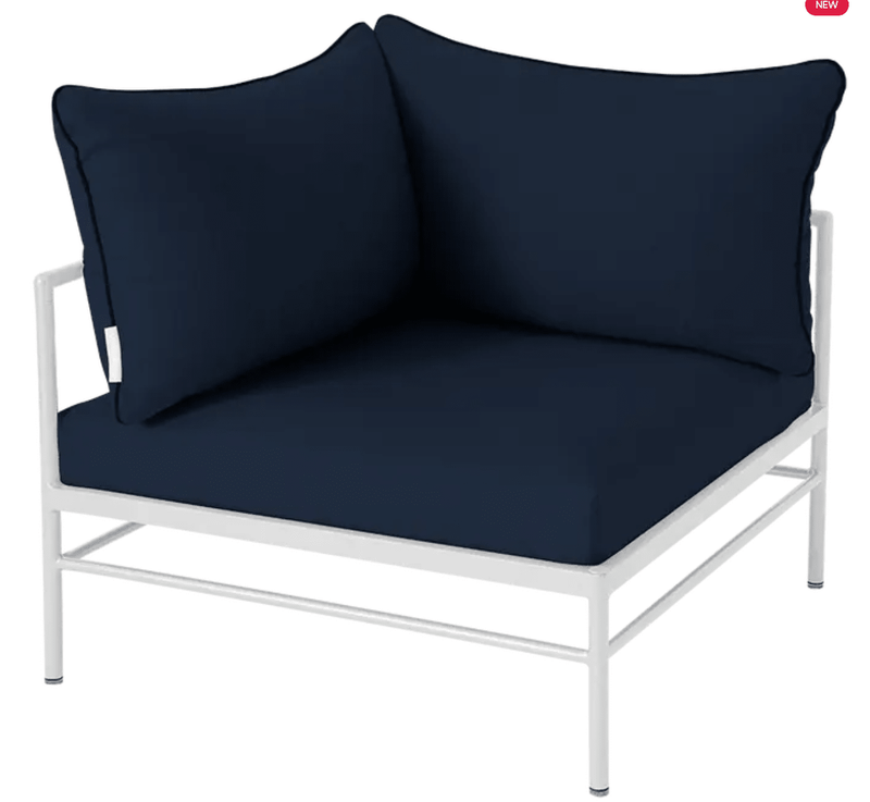 Load image into Gallery viewer, Rivage Corner Armchair - Custom Wood DesignsCotton white and midnight blue Fermob Rivage corner outdoor sofa armchair with metal frame and plush cushions.Corner Outdoor Sofa Fermob Metal24575208411607Cotton White Midnight
