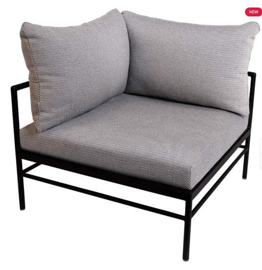 Rivage Corner Armchair - Custom Wood DesignsFermob Rivage corner outdoor armchair with metal frame in Liquorice Straciatella color, featuring plush cushions and modern design.Corner Outdoor Sofa Fermob Metal24575206920087Liquorice Stracuatella