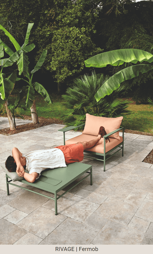 Rivage Low Armchair Fermob - Custom Wood DesignsFermob Rivage outdoor low armchair with metal frame and cactus papyrus fabric, ideal for garden and patio seating.Fermob Rivage Outdoor Metal Armachir24575201525495Acapulco Straciatella