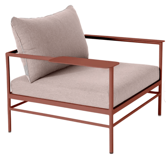 Rivage Low Armchair Fermob - Custom Wood DesignsRed Fermob Rivage low armchair with metal frame, suitable for outdoor garden furniture, featuring a modern design.Fermob Rivage Outdoor Metal Armachir24575209901207Red Ochre Papyrus