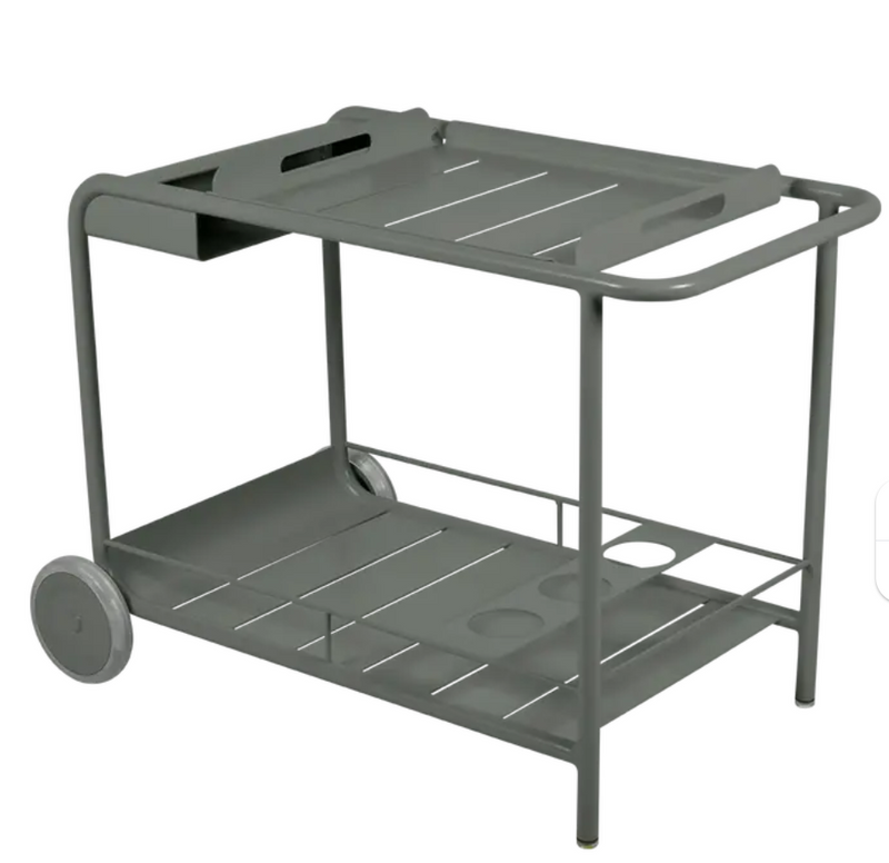 Load image into Gallery viewer, Fermob Luxembourg Side Bar trolley with wheels, used for restaurant terrace drinks service, featuring a sleek design and mobility.
