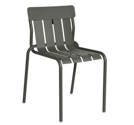 Fermob Stripe outdoor dining chair stacked, metal design with striped fabric seat, ideal for garden or patio outdoor seating.
