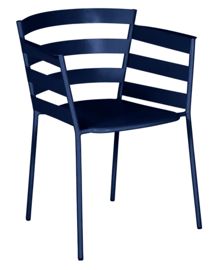 Load image into Gallery viewer, Deep blue Fermob RYTHMIC outdoor armchair with a modern design, featuring a curved back and armrests for comfortable outdoor seating.
