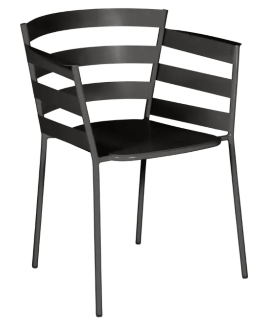 Fermob Liquorice RYTHMIC outdoor armchair with a curved metal frame and cushioned seat, ideal for outdoor relaxation.