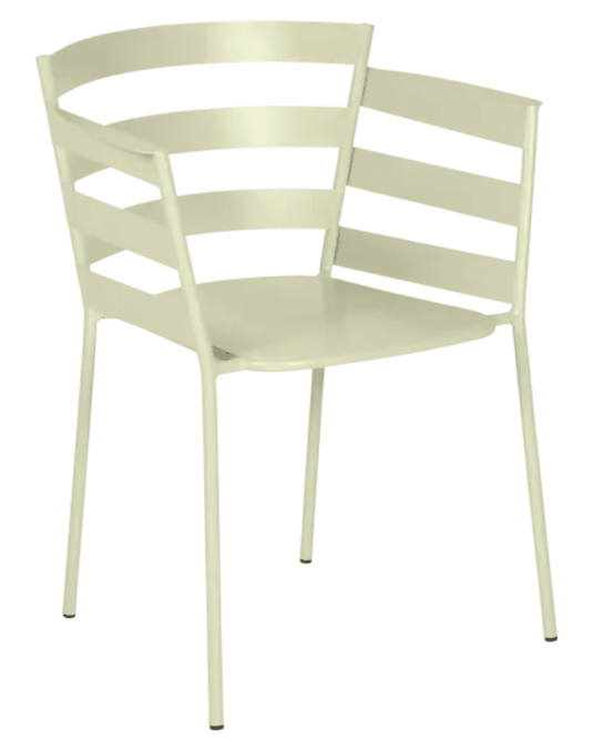 Fermob RYTHMIC outdoor armchair with woven willow-green seat and armrests, stylish and comfortable garden seating.