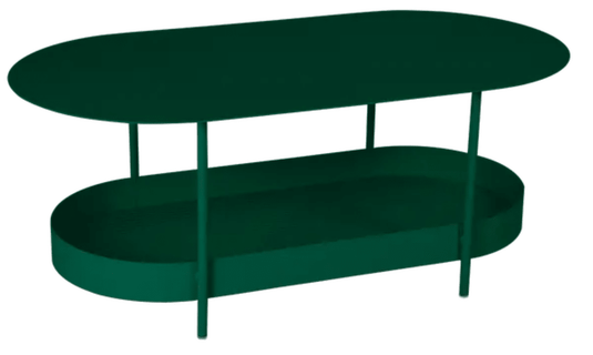 Cedar green Fermob Salsa low table measuring 113 x 58cm, featuring a sleek, modern design for indoor or outdoor use.