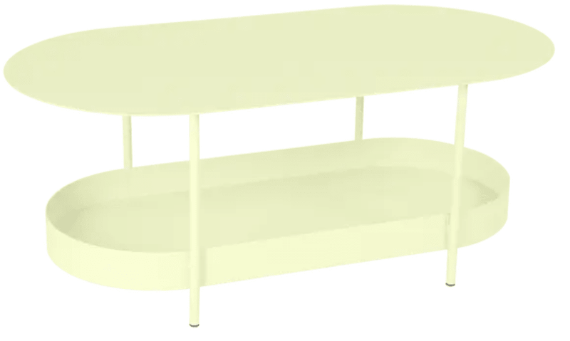 Load image into Gallery viewer, Fermob Salsa low table with frosted lemon finish, measuring 113x58cm, modern outdoor furniture piece.
