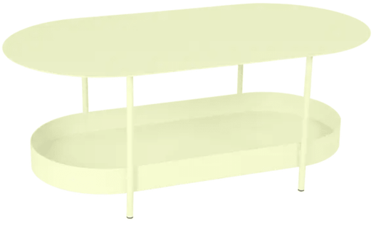 Fermob Salsa low table with frosted lemon finish, measuring 113x58cm, modern outdoor furniture piece.