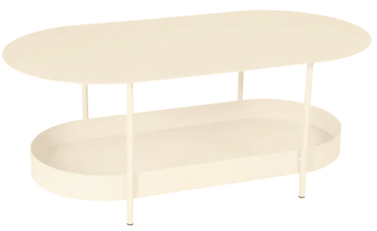 Fermob Salsa low table with a latte-colored surface and slim metal legs, measuring 113 x 58cm, ideal for outdoor or indoor use