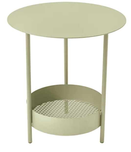 Willow green Fermob Salsa pedestal side table, outdoor furniture with a modern design, suitable for patio or garden use.