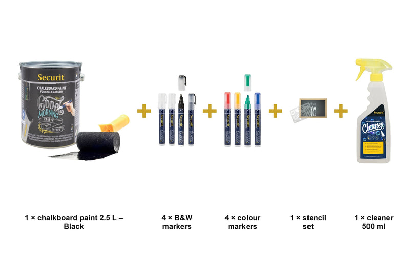 Load image into Gallery viewer, Securit Chalk Wall Kit - Black Paint 2.5 L + Waterproof Markers + Stencils + Cleaner - what is in the set
