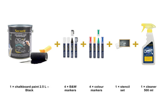 Securit Chalk Wall Kit - Black Paint 2.5 L + Waterproof Markers + Stencils + Cleaner - what is in the set