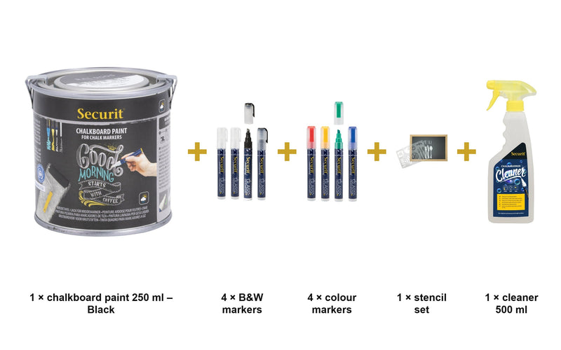 Load image into Gallery viewer, Securit Chalk Wall Kit - Black Paint 250 ml + Waterproof Markers + Stencils + Cleaner - what is in the set
