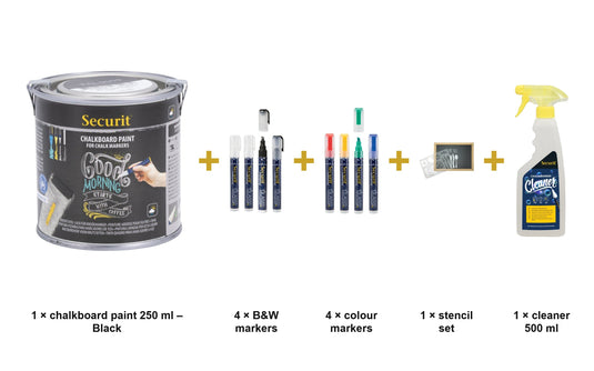 Securit Chalk Wall Kit - Black Paint 250 ml + Waterproof Markers + Stencils + Cleaner - what is in the set