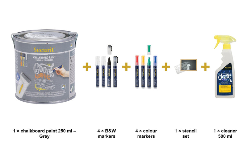 Load image into Gallery viewer, Securit Chalk Wall Kit - Grey Paint 250 ml + Waterproof Markers + Stencils + Cleaner - what is in the set

