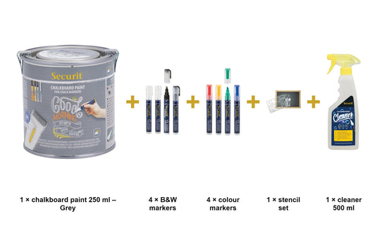 Securit Chalk Wall Kit - Grey Paint 250 ml + Waterproof Markers + Stencils + Cleaner - what is in the set