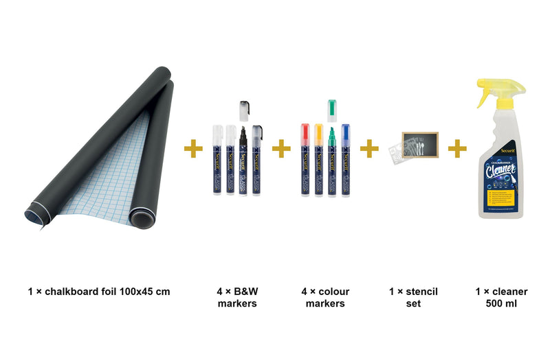 Load image into Gallery viewer, Securit Chalk Wall Kit - Self-Adhesive Foil + Waterproof Markers + Stencils + Cleaner - what is in the set
